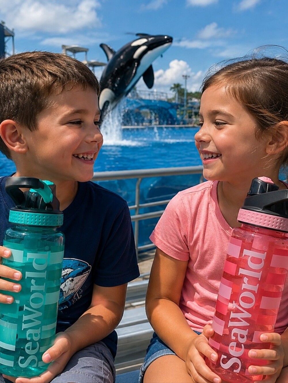 SeaWorld Refillable Water Bottles Set of 2 Pink & Teal Reusable Sports Drink Bot